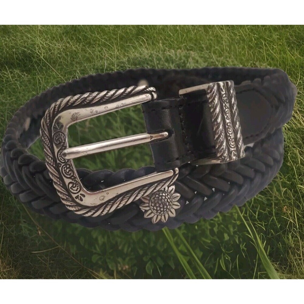 Vintage 1996 Brighton Childrens Youth Belt Size L Black Woven Leather Sunflowers